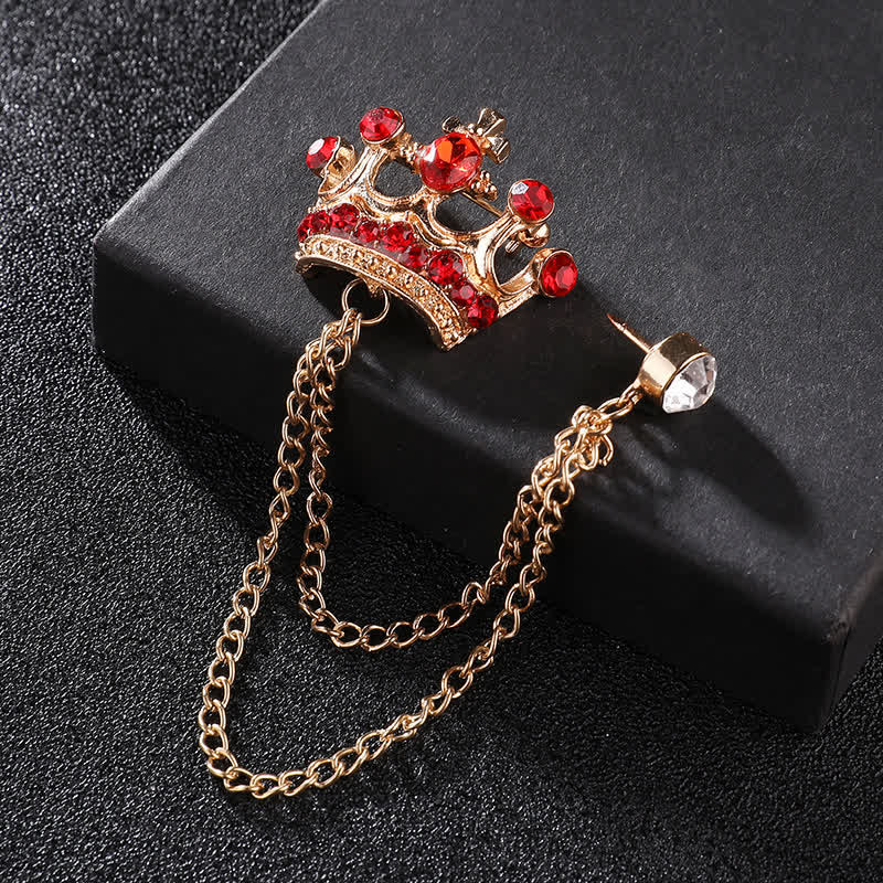 Broche en chaîne et strass pour homme avec couronne rétro - Or et rouge - image 9