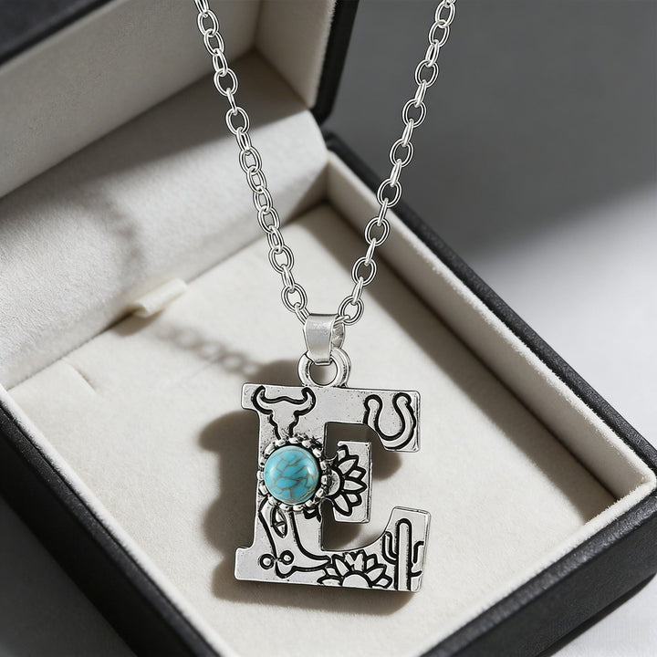 Collier vintage avec pendentif turquoise et initiale - E - image 11