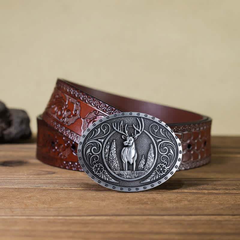 Ceinture en cuir à boucle ovale pour homme avec motif cerf forestier
