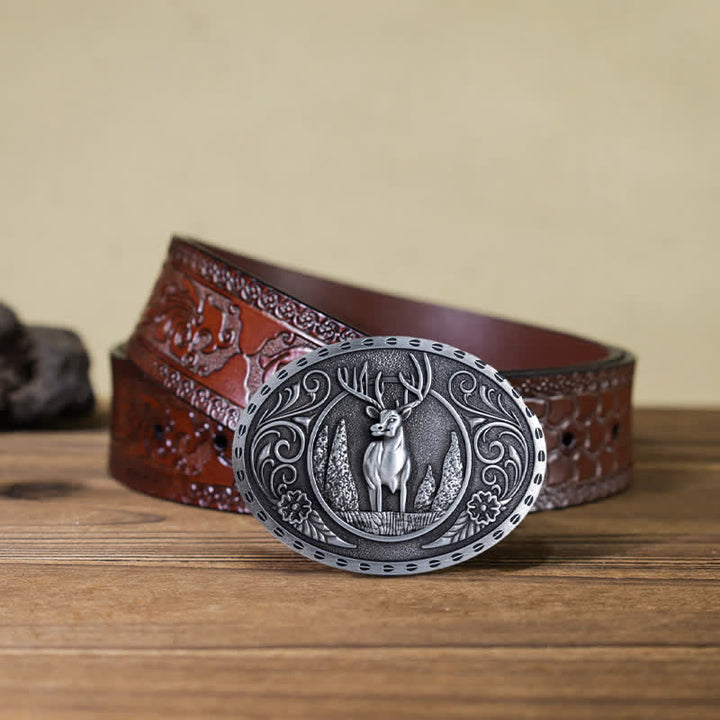 Ceinture en cuir à boucle ovale pour homme avec motif cerf forestier