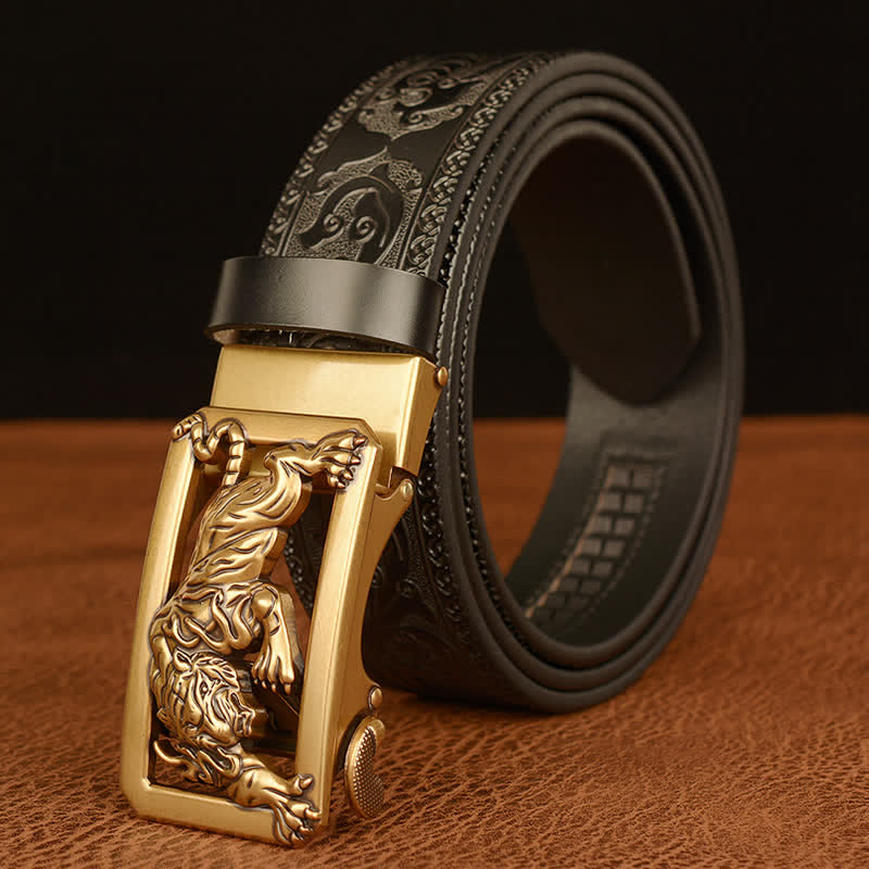 Ceinture en cuir à motif floral en relief avec boucle tigrée pour homme