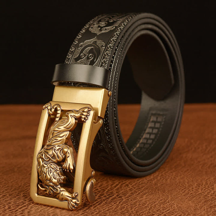Ceinture en cuir à motif floral en relief avec boucle tigrée pour homme