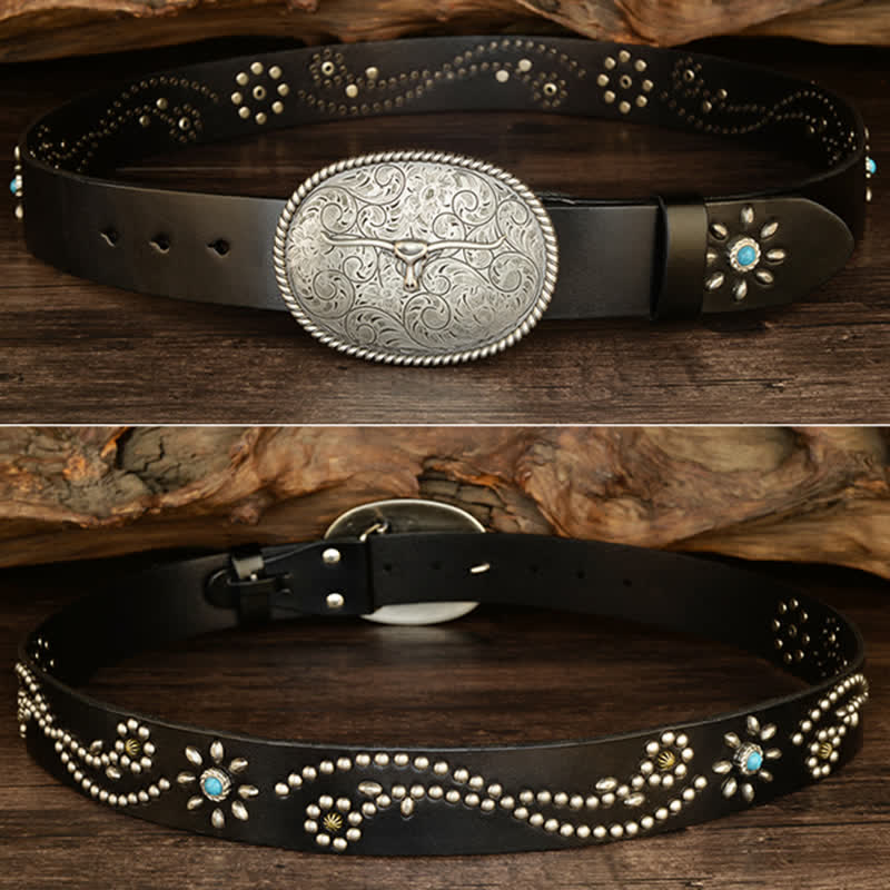 Ceinture en cuir véritable turquoise à rivets punk pour homme avec taureau à longues cornes