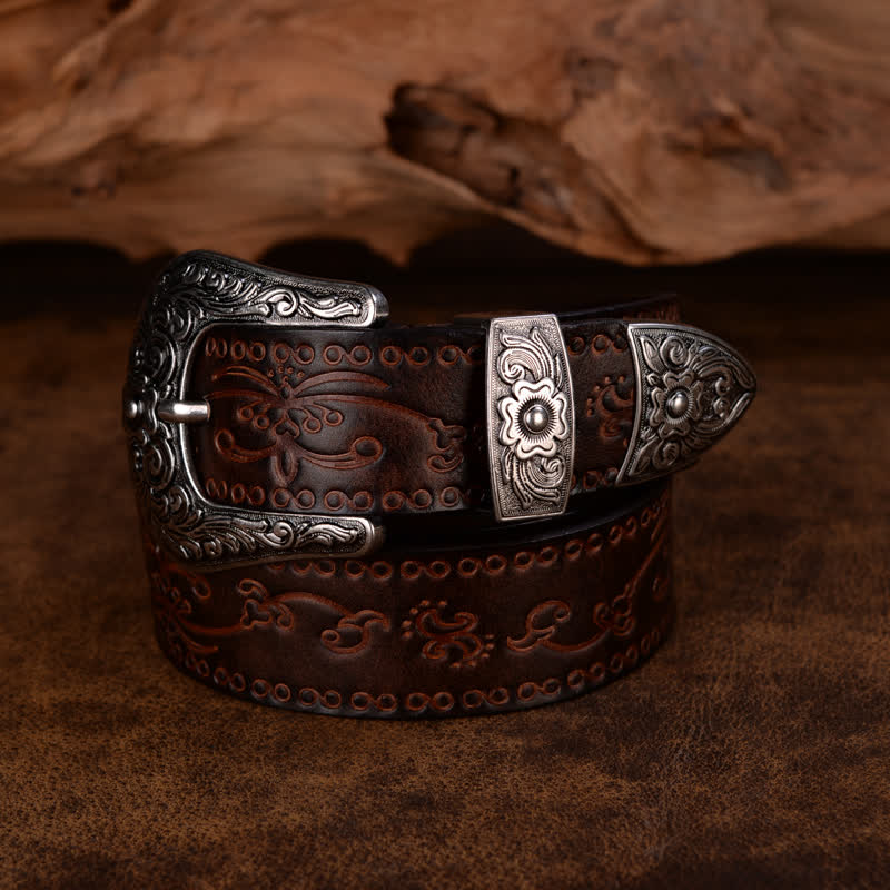 Ceinture unisexe en cuir à imprimé floral et texture rustique