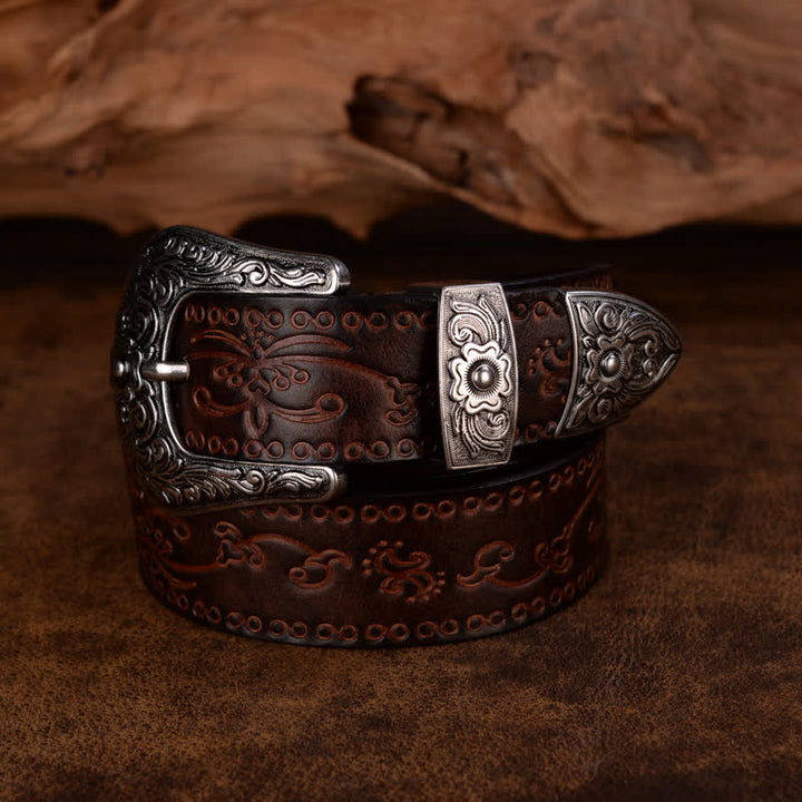 Ceinture unisexe en cuir à imprimé floral et texture rustique