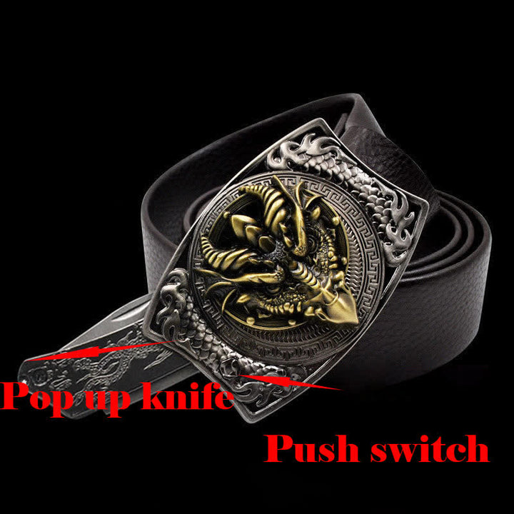 Ceinture en cuir pour homme avec dragon à bec pointu et couteau pliant