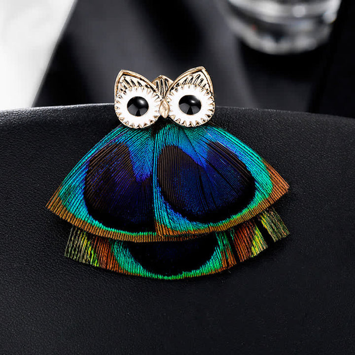 Broche en forme de hibou et de plume de paon pour femme