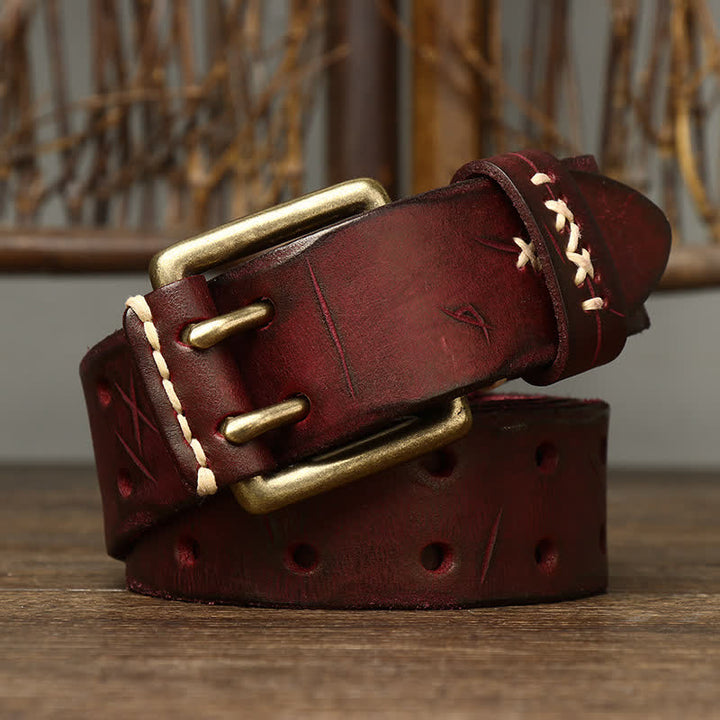 Ceinture en cuir à double boucle pour homme, effet vieilli