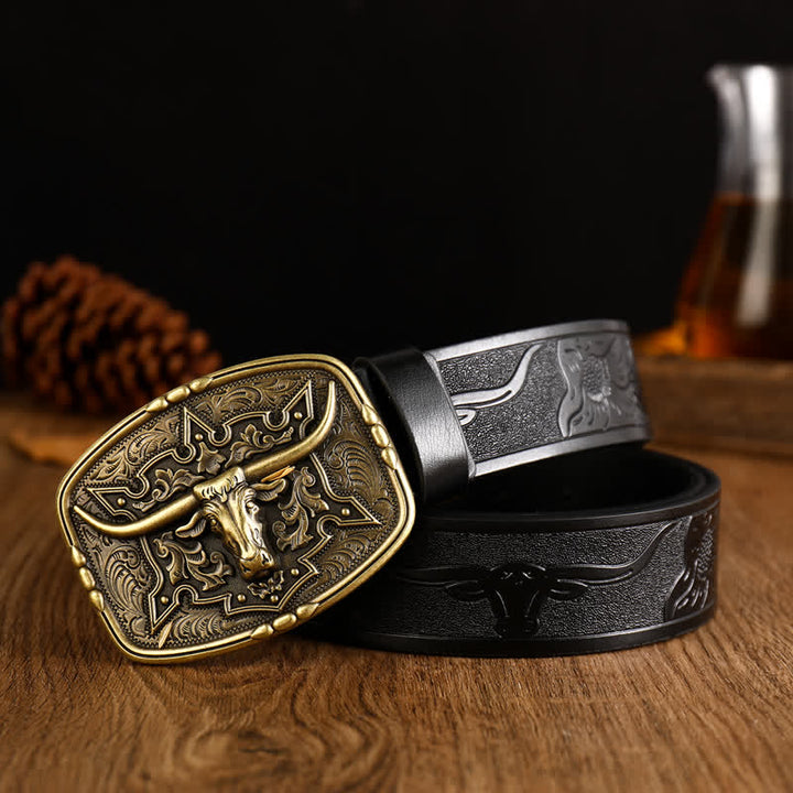 Ceinture en cuir imprimé tête de vache de style western pour homme