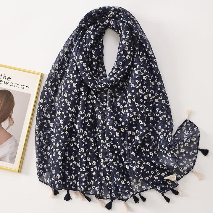 Écharpe fine à pompon et motif papillons floraux pour femme
