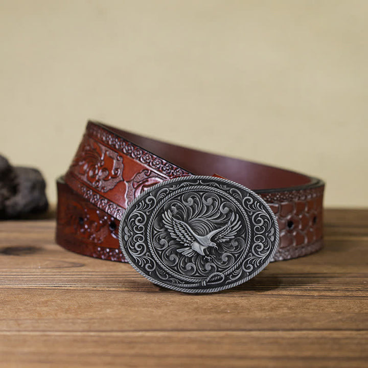 Ceinture en cuir à boucle florale gravée Soaring Eagle pour homme