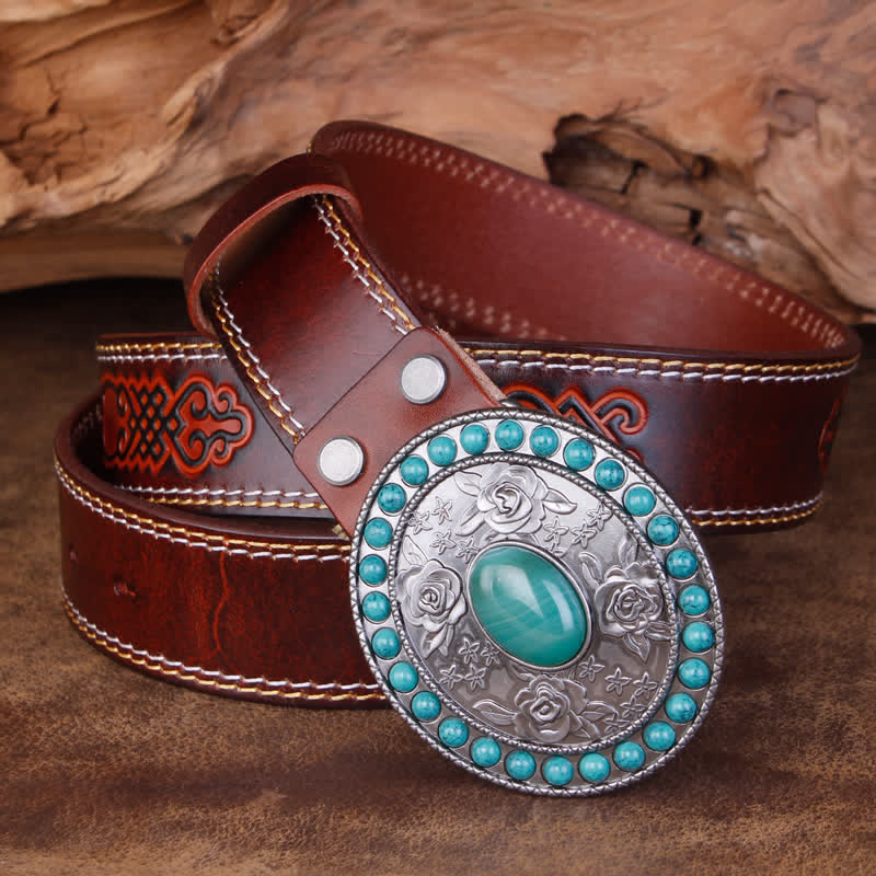 Ceinture unisexe en cuir sculpté avec agate de jade turquoise rose