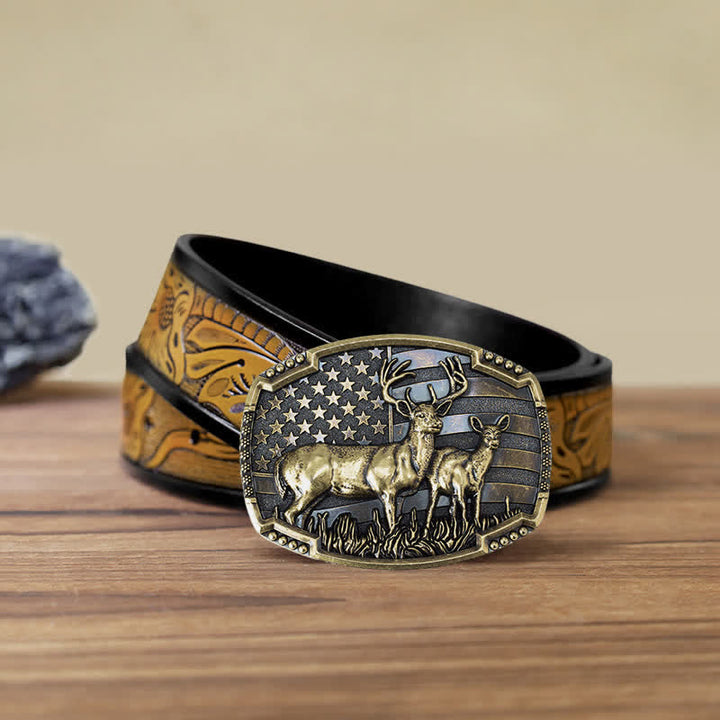Ceinture en cuir à boucle drapeau américain pour homme avec motif de chasseur de cerfs