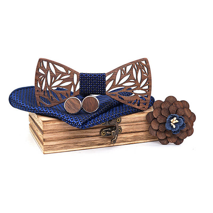 Lot de 4 nœuds papillon en bois à motif de feuilles creuses pour homme
