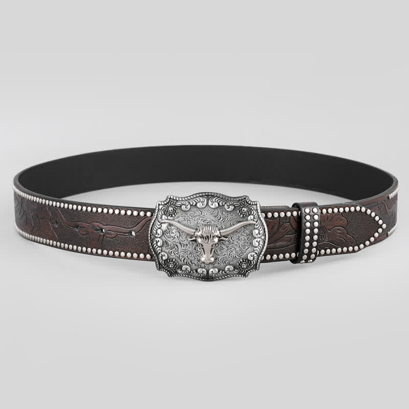 Ceinture en cuir à boucle carrée gravée en argent pour homme