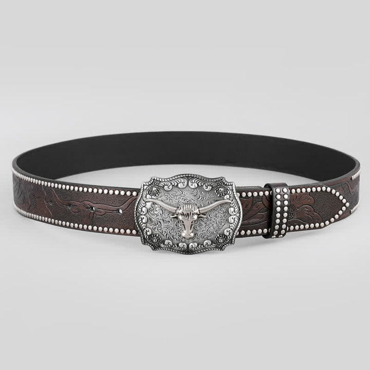 Ceinture en cuir à boucle carrée gravée en argent pour homme