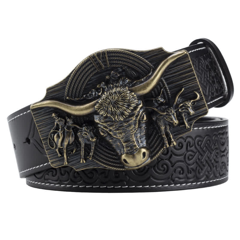 Ceinture en cuir gaufré pour homme avec motif taureau Longhorn - Noir / Bronze - 46 - image 10