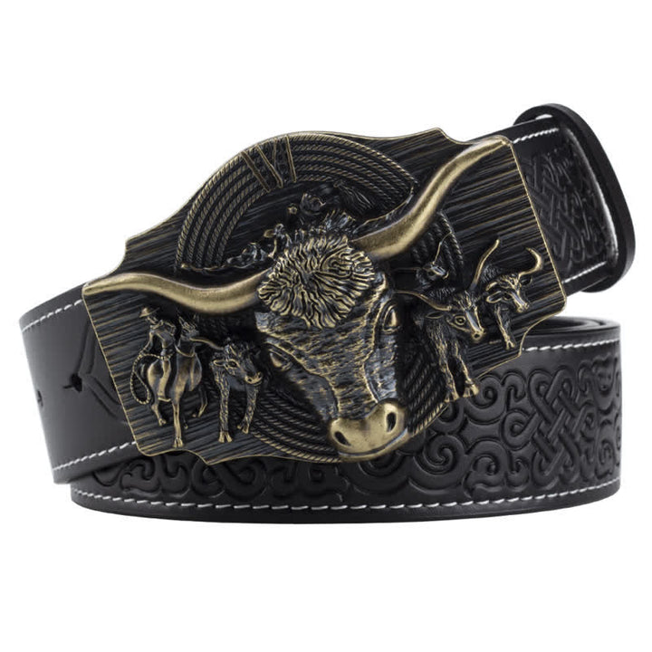 Ceinture en cuir gaufré pour homme avec motif taureau Longhorn - Noir / Bronze - 46 - image 10