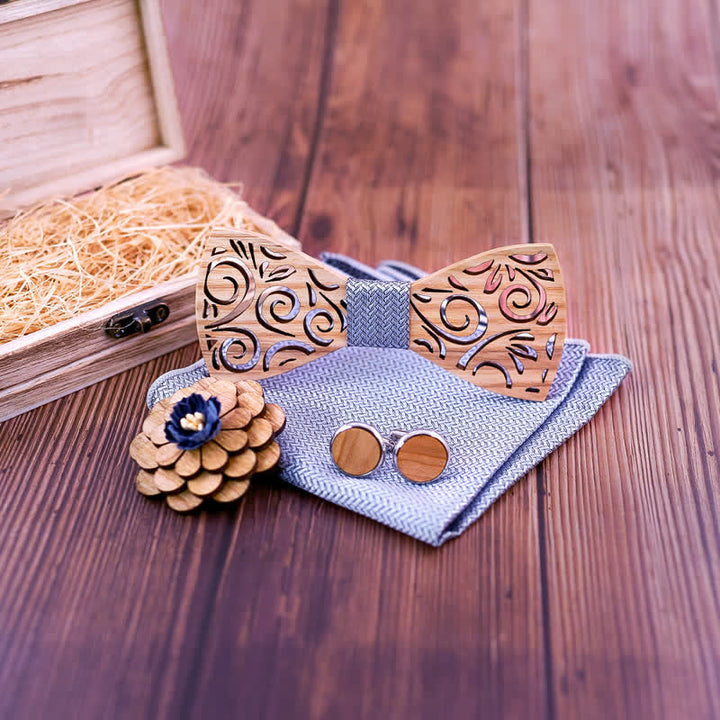 Lot de 4 nœuds papillon en bois à motif de feuilles creuses pour homme