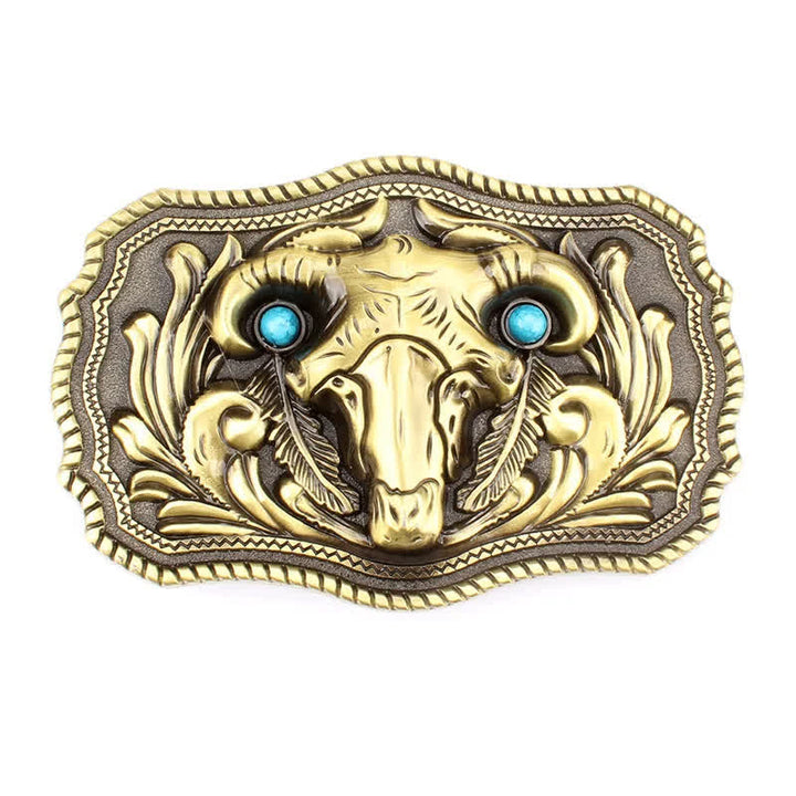 Ceinture en cuir à boucle turquoise pour homme avec tête de mort de chèvre