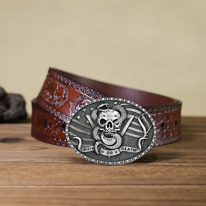 Ceinture en cuir à boucle tête de mort et serpent « Liberty or Death » pour homme