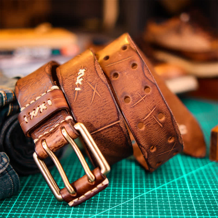 Ceinture large en cuir à double boucle pour homme