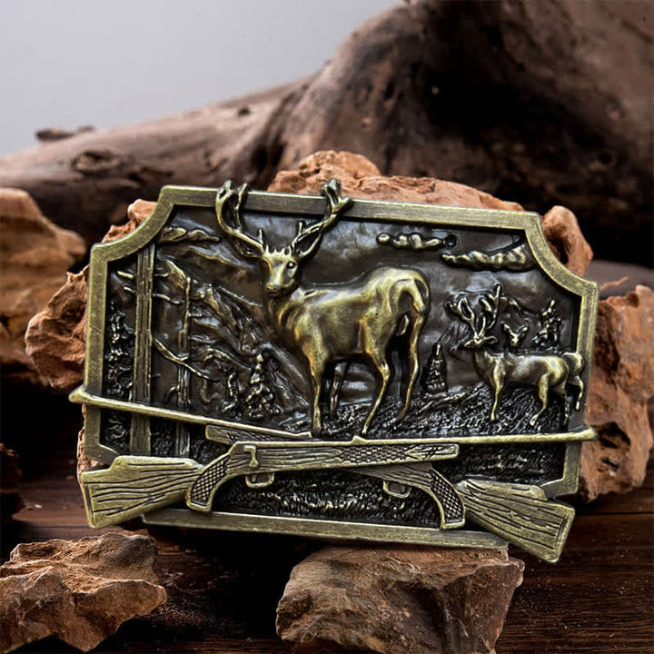 Ceinture en cuir à boucle pour homme avec fusil de chasse et cerf