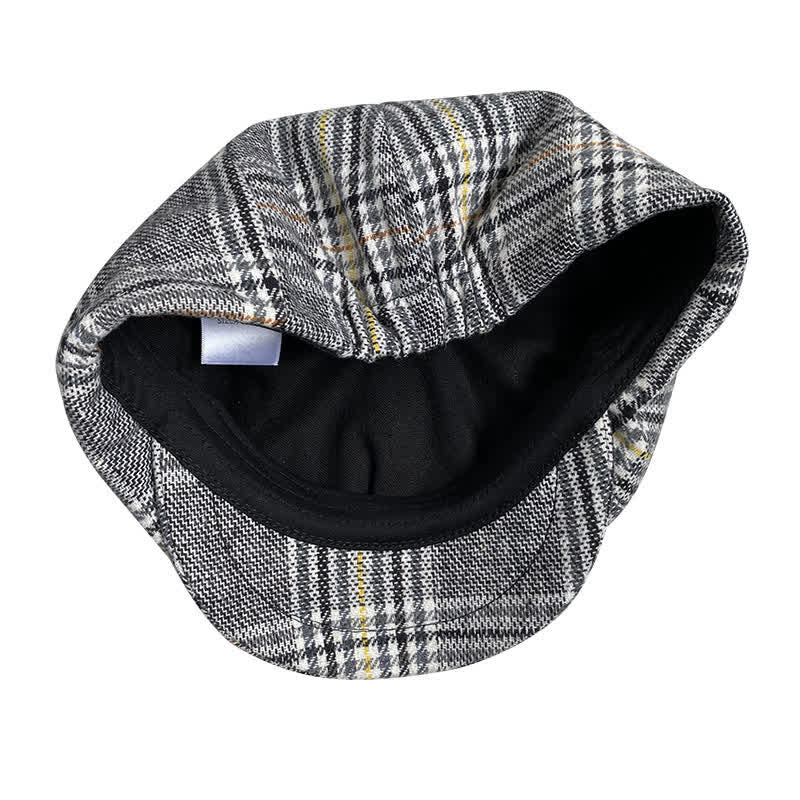 Casquette béret gavroche à carreaux gris et rayures jaunes