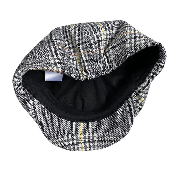 Casquette béret gavroche à carreaux gris et rayures jaunes