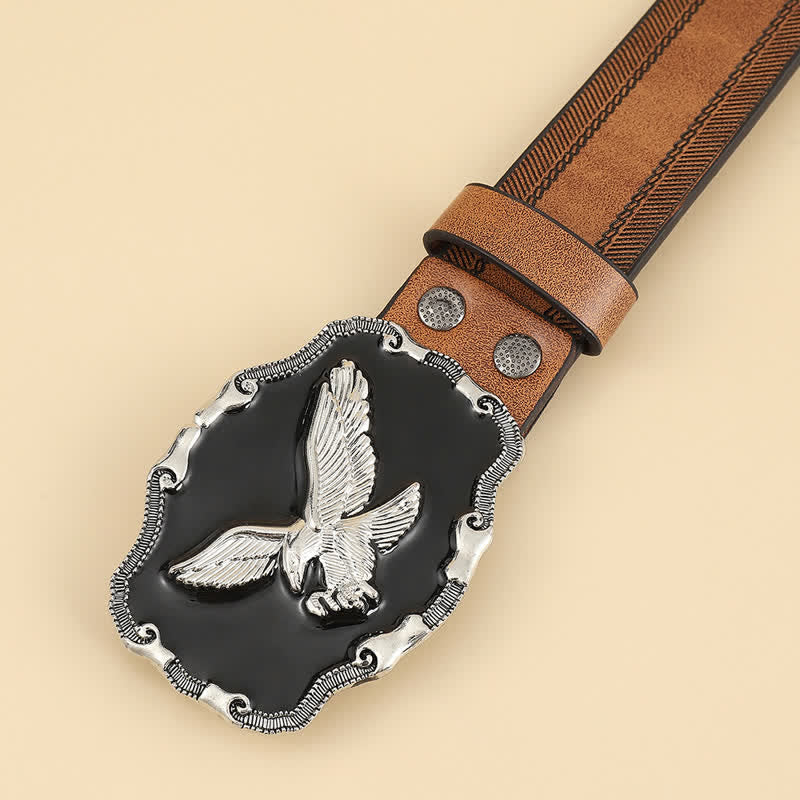 Ceinture en cuir à boucle noire avec motif aigle en relief argenté pour homme