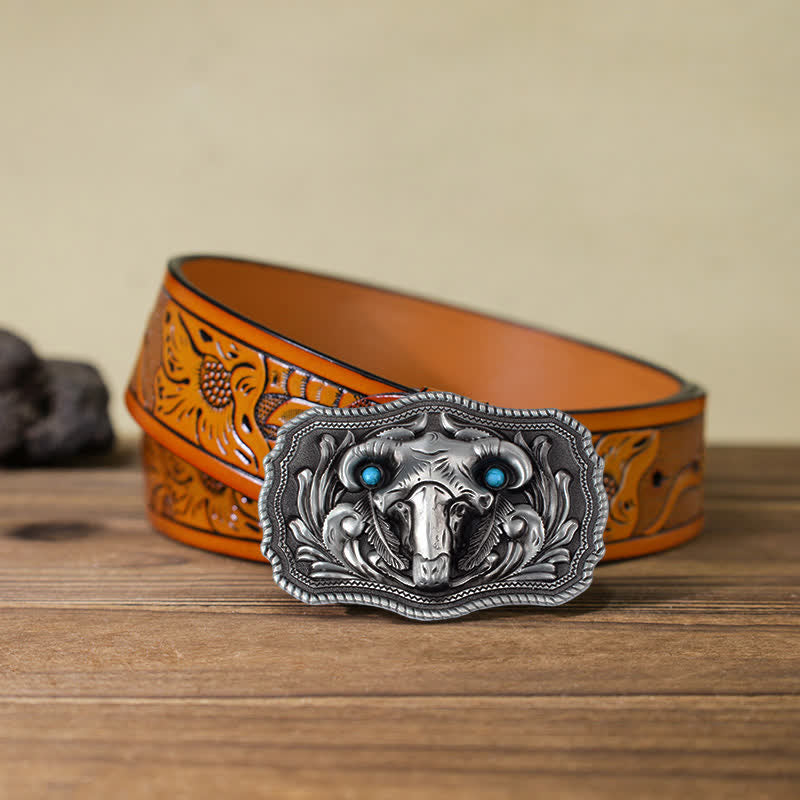 Ceinture en cuir à boucle turquoise pour homme avec tête de mort de chèvre