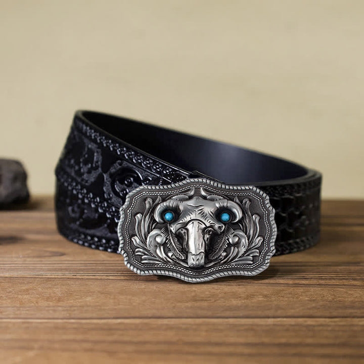 Ceinture en cuir à boucle turquoise pour homme avec tête de mort de chèvre