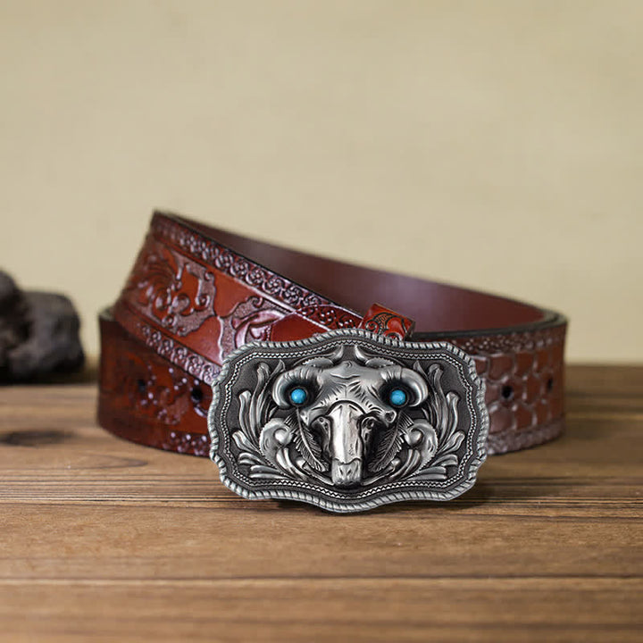 Ceinture en cuir à boucle turquoise pour homme avec tête de mort de chèvre