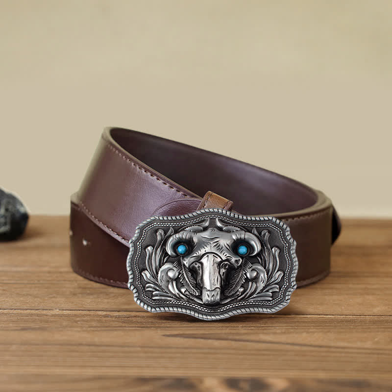 Ceinture en cuir à boucle turquoise pour homme avec tête de mort de chèvre