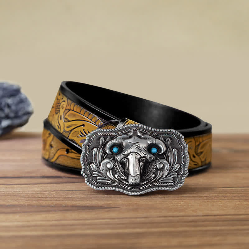 Ceinture en cuir à boucle turquoise pour homme avec tête de mort de chèvre