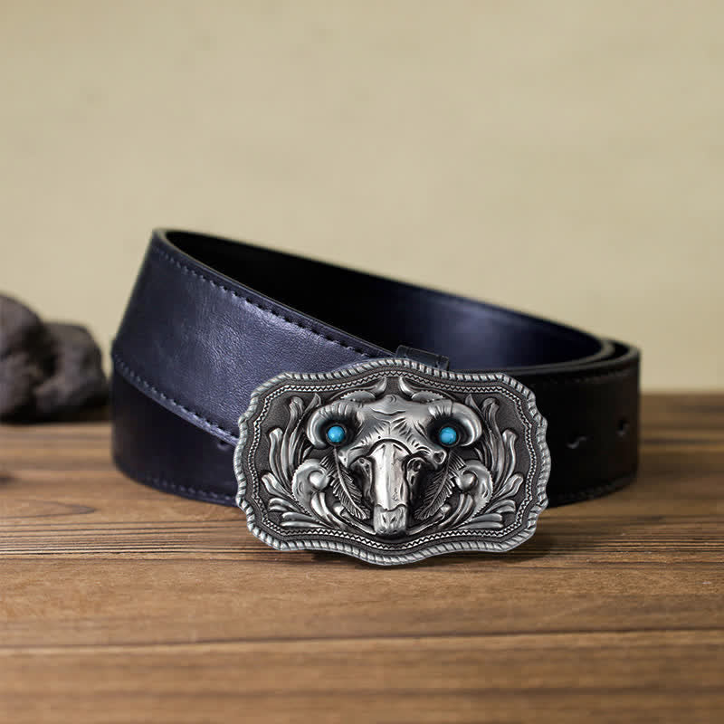 Ceinture en cuir à boucle turquoise pour homme avec tête de mort de chèvre