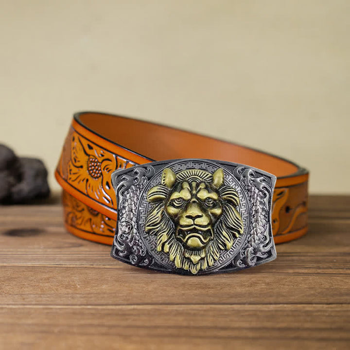Ceinture en cuir pour homme avec couteau pliant caché Lion doré