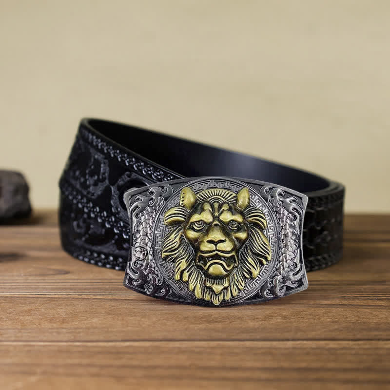 Ceinture en cuir pour homme avec couteau pliant caché Lion doré