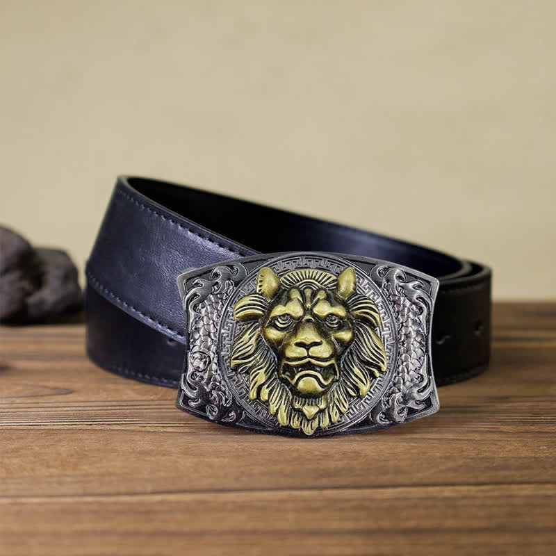 Ceinture en cuir pour homme avec couteau pliant caché Lion doré