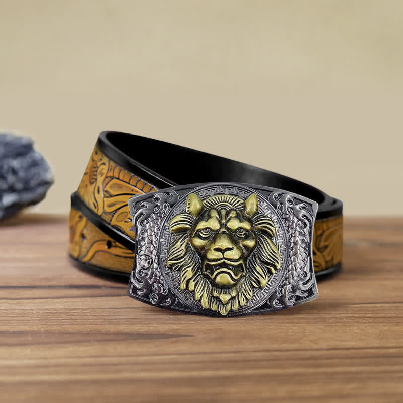 Ceinture en cuir pour homme avec couteau pliant caché Lion doré