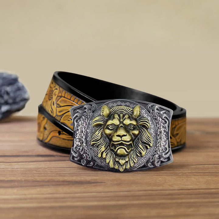 Ceinture en cuir pour homme avec couteau pliant caché Lion doré