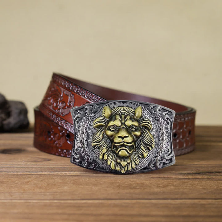 Ceinture en cuir pour homme avec couteau pliant caché Lion doré