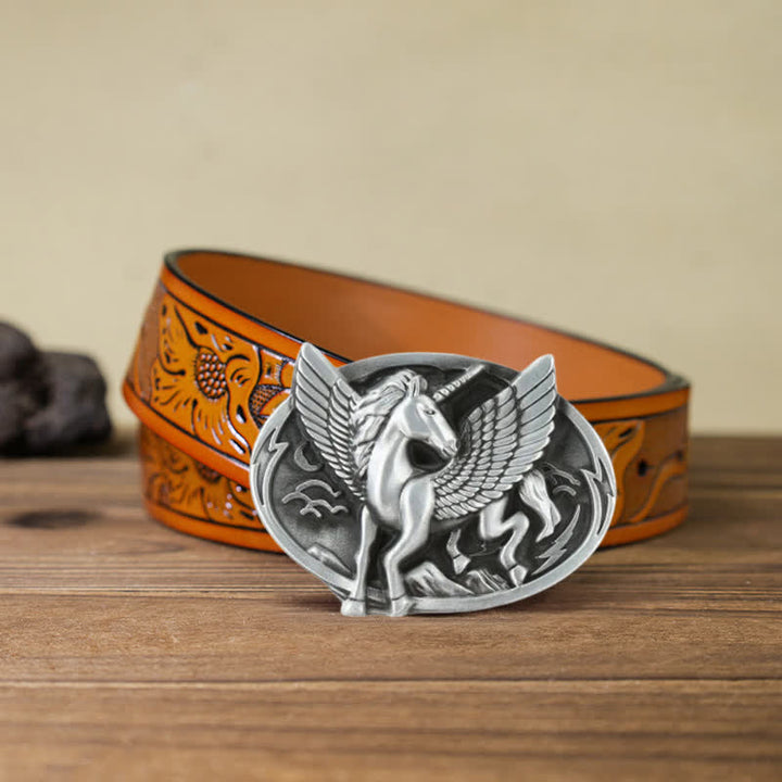Ceinture en cuir à boucle licorne argentée antique pour homme