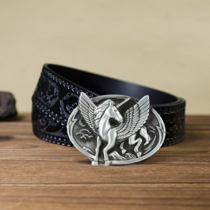 Ceinture en cuir à boucle licorne argentée antique pour homme