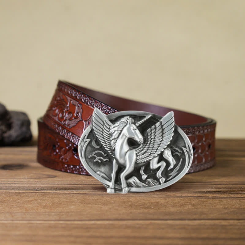Ceinture en cuir à boucle licorne argentée antique pour homme