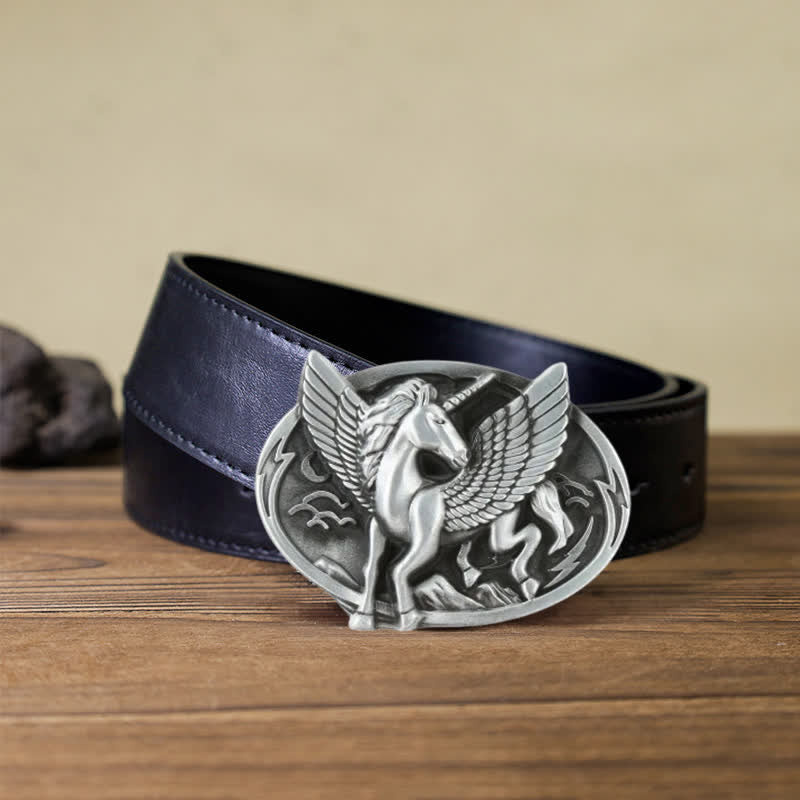 Ceinture en cuir à boucle licorne argentée antique pour homme