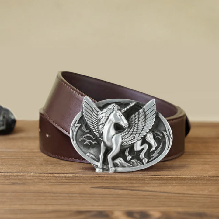 Ceinture en cuir à boucle licorne argentée antique pour homme