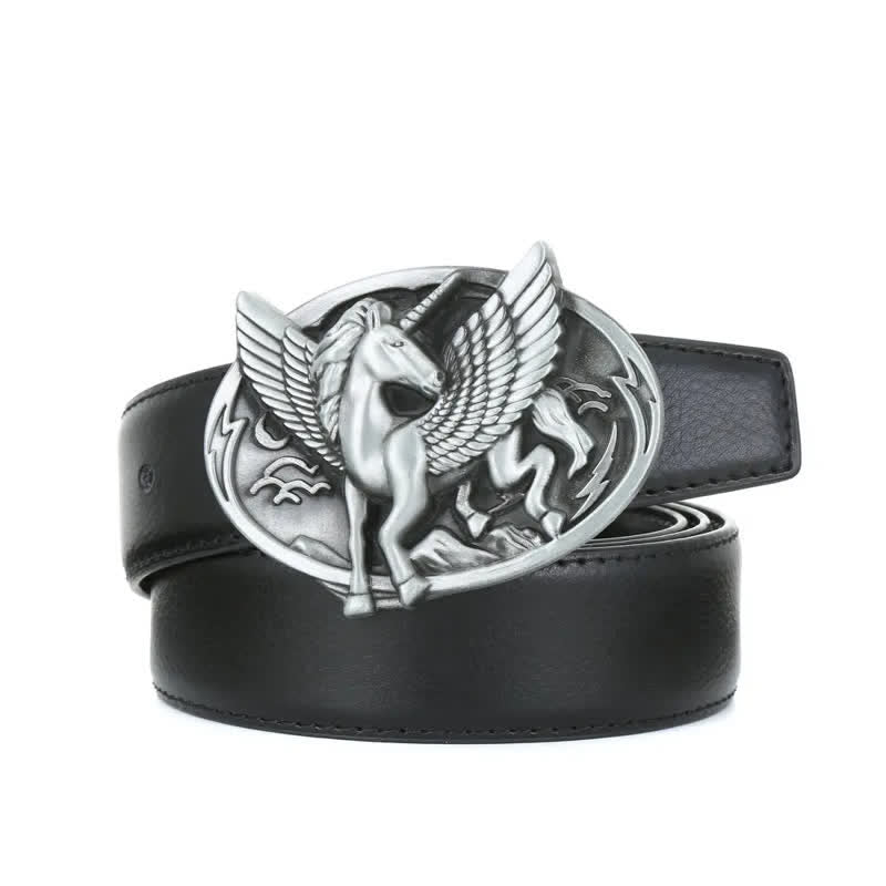 Ceinture en cuir à boucle licorne argentée antique pour homme