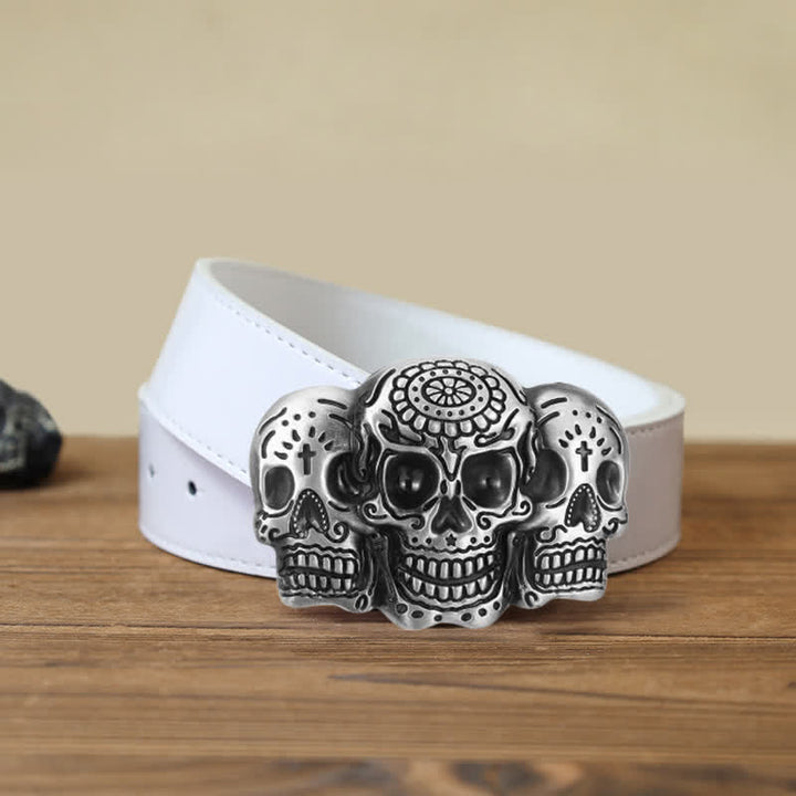 Ceinture en cuir à boucle triple tête de mort pour homme