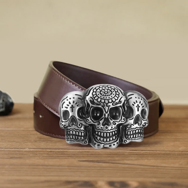Ceinture en cuir à boucle triple tête de mort pour homme